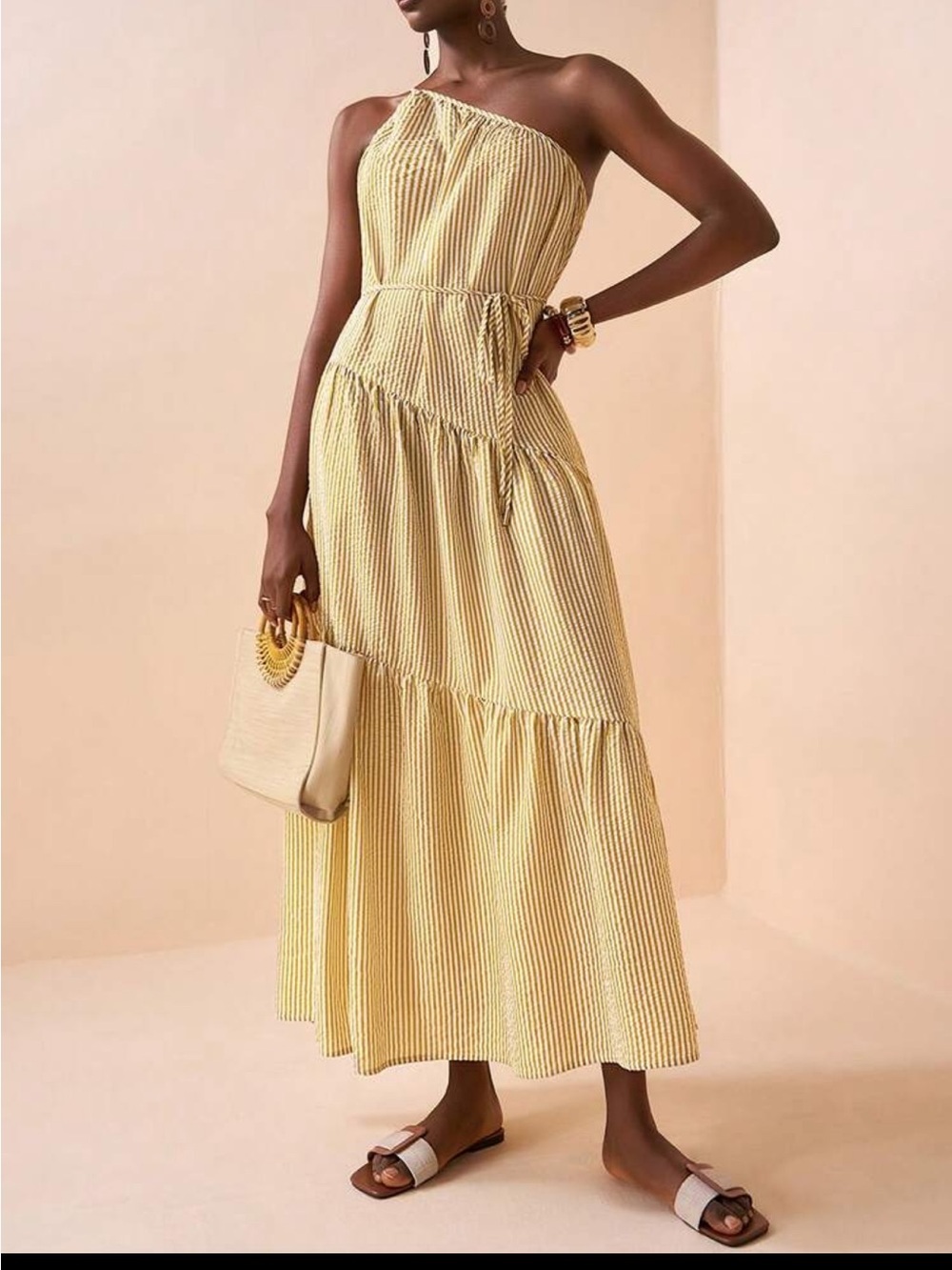 One-Shoulder Yellow Stripe Maxi Dress - Picture 5 of 9